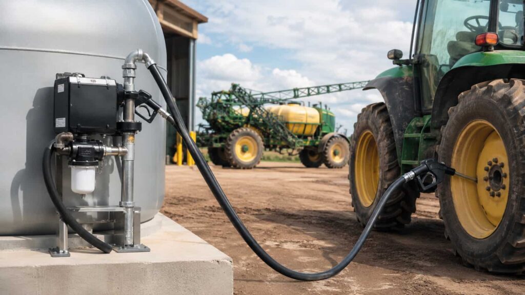 Bomba de trasvase de gasoil repostando un tractor junto a un depósito agrícola.