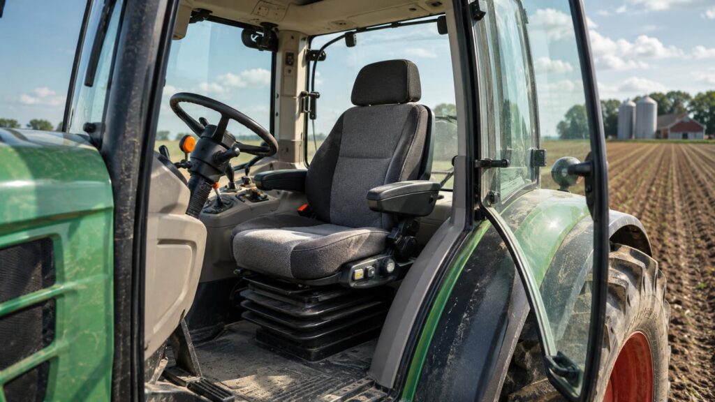 Asiento ergonómico de tractor con suspensión dentro de cabina agrícola junto a campo de cultivo.