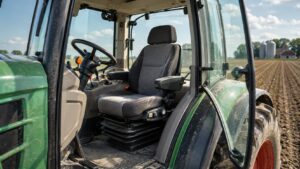 Asiento ergonómico de tractor con suspensión dentro de cabina agrícola junto a campo de cultivo.