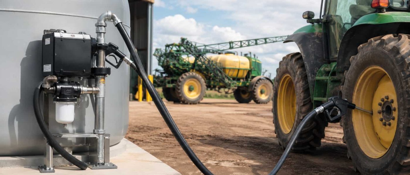 Bomba de trasvase de gasoil repostando un tractor junto a un depósito agrícola.