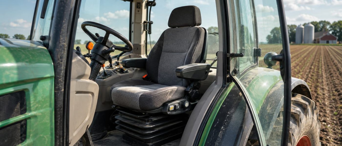 Asiento ergonómico de tractor con suspensión dentro de cabina agrícola junto a campo de cultivo.