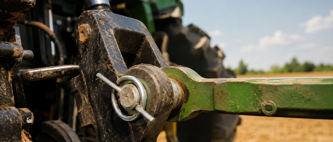 Parte de un tractor conocida como bulón desde una perspectiva en primer plano
